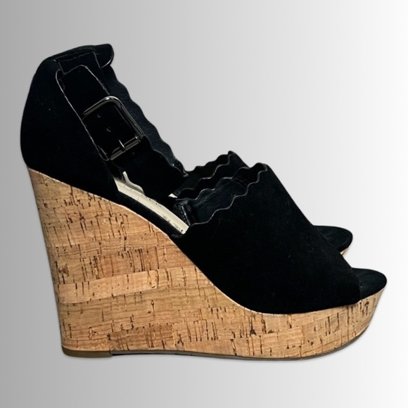 Marc Fisher Haya Black Leather Suede Cork Ankle Strap Peep Toe Wedge Sandal, 8 - Picture 5 of 8